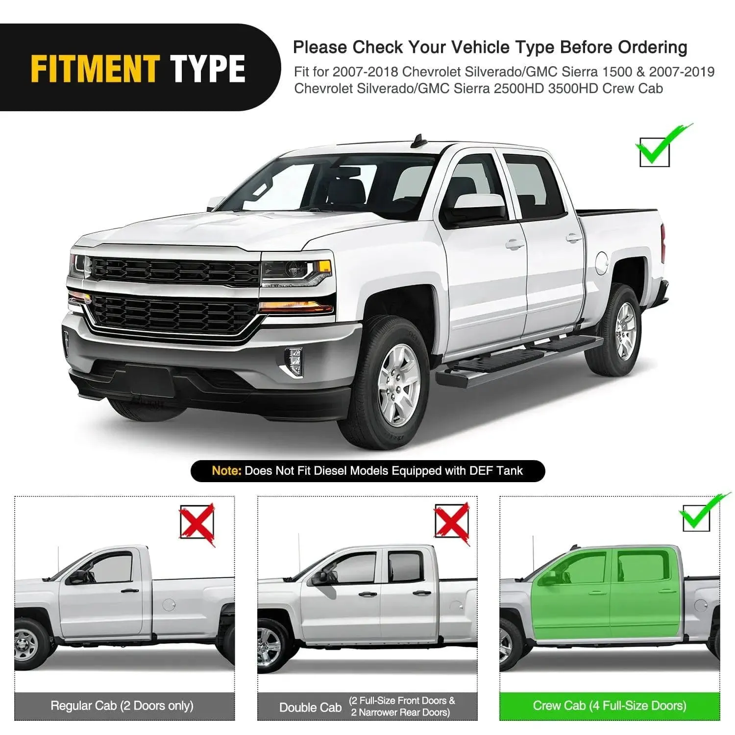 2007-2018 Chevy Silverado/GMC Sierra 1500 Crew Cab 2007-2019 Chevy Silverado/GMC Sierra 2500HD 3500HD 6 Inch Slip-Proof Stainless Steel Side Step Nerf Bars Running Boards