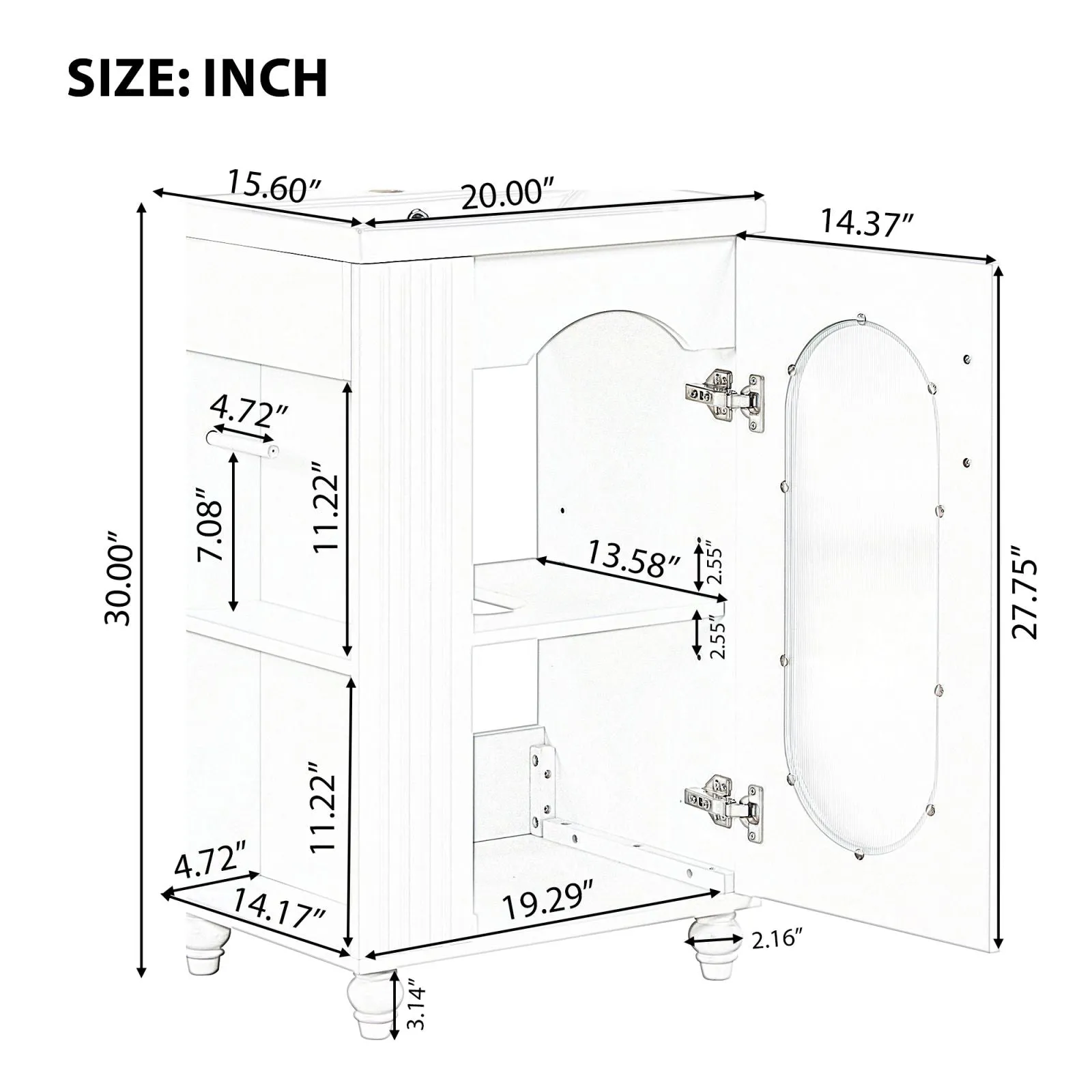 20" White Bathroom Vanity with Sink, Two-Tier Shelf & Adjustable Solid Wood Cabinet