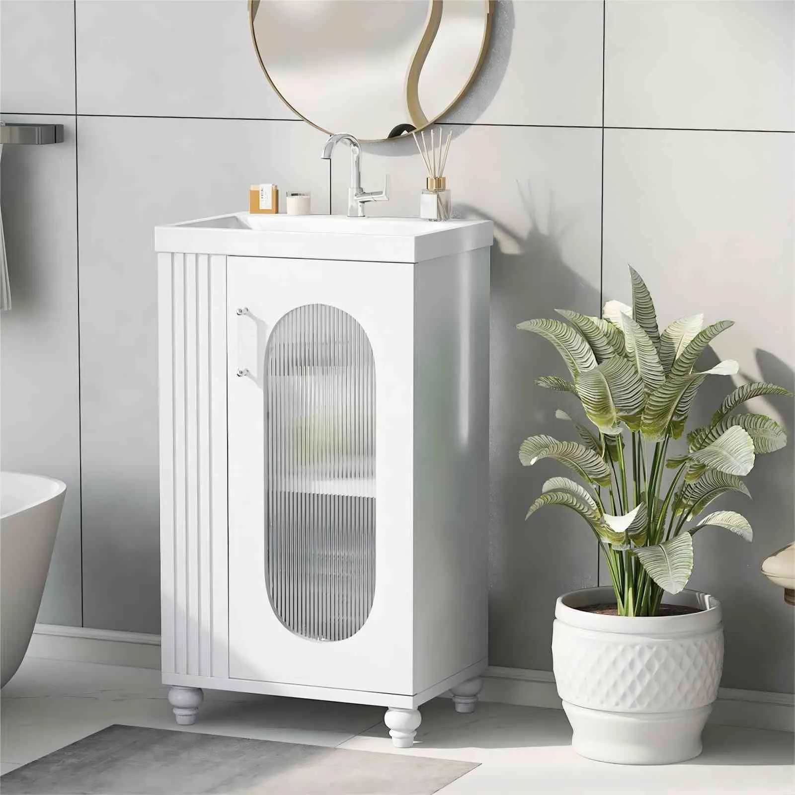 20" White Bathroom Vanity with Sink, Two-Tier Shelf & Adjustable Solid Wood Cabinet