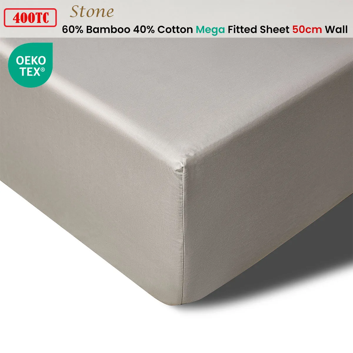 400TC Stone Bamboo Cotton Mega/Super Fitted Sheet | 50cm Wall | Queen