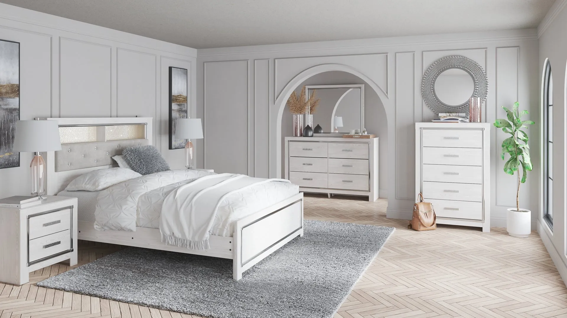 Altyra Queen Bookcase Headboard with Mirrored Dresser, Chest and 2 Nightstands