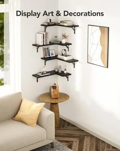 Amada HOMEFURNISHING Corner Floating Shelves, Set of 4 Corner Wall Shelves, Shelves for Wall Decor, Corner Wood Shelves for Home Decor, Office, Bedroom, Bathroom, Laundry Room, Kitchen, Black