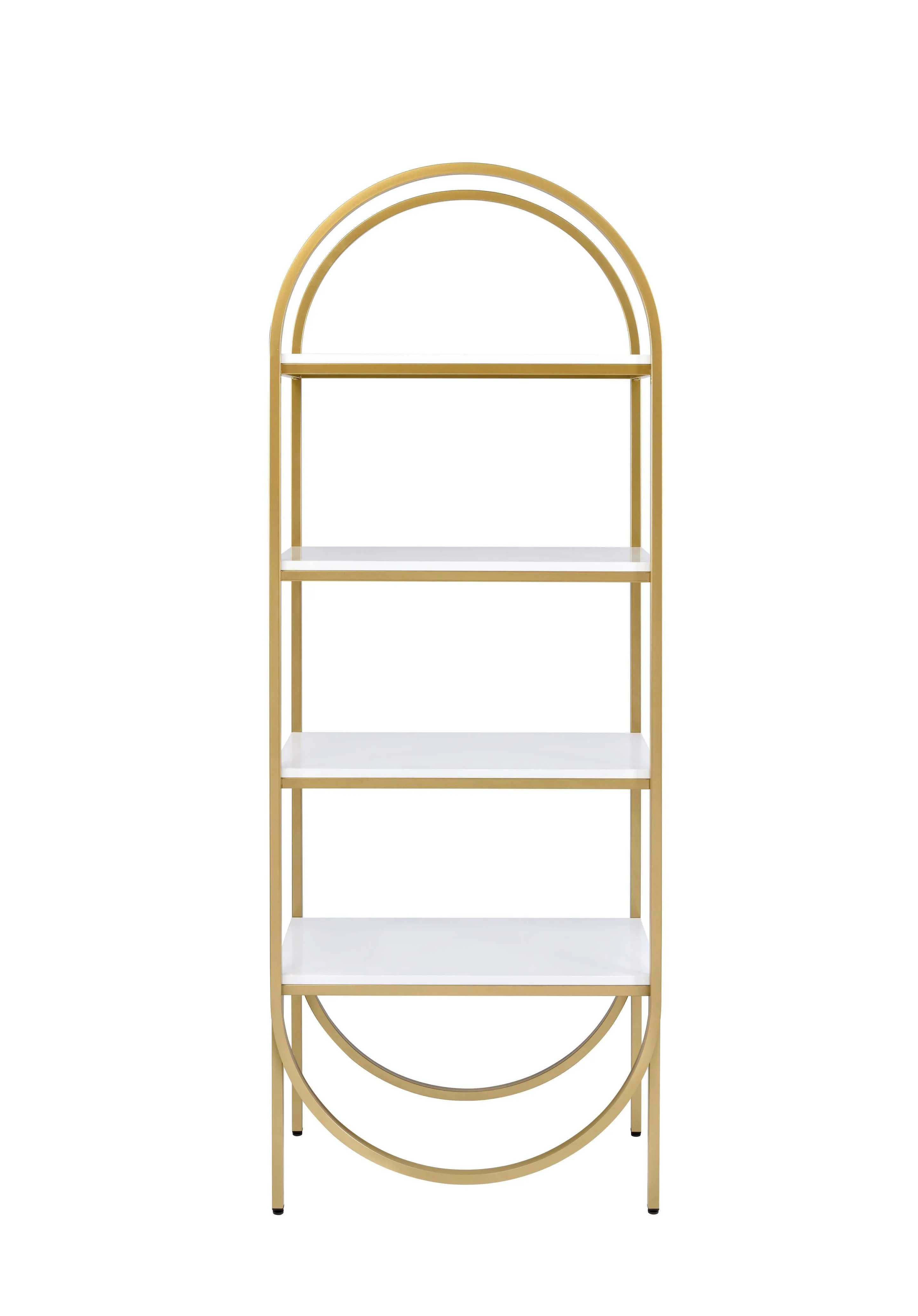 Arched Metal Frame Wooden Bookshelf With 4 Open Compartments,White And Gold By Benzara