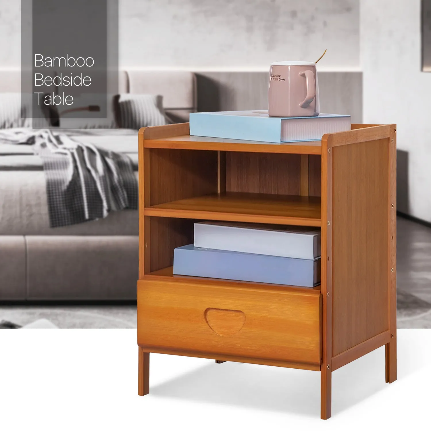 Bedside Cabinet Storage Shelf Nightstand - 2 Tier - with Single Drawer