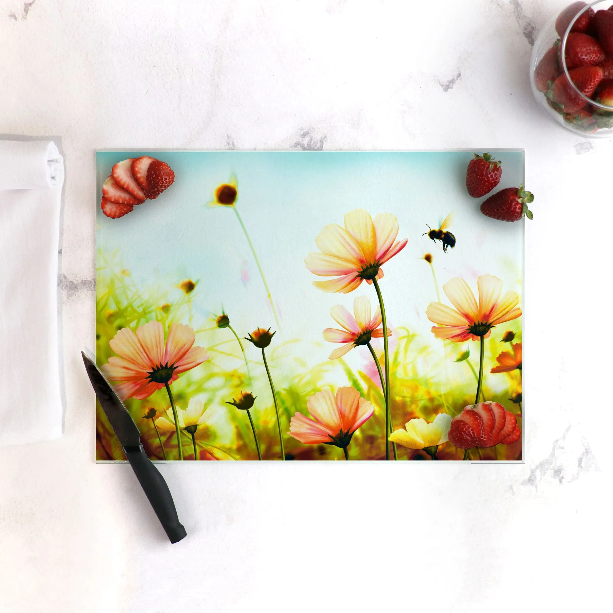 Bumbling Bee Tempered Glass Cutting Board 15.75" X 11.5" - Designed by Michigan Artists