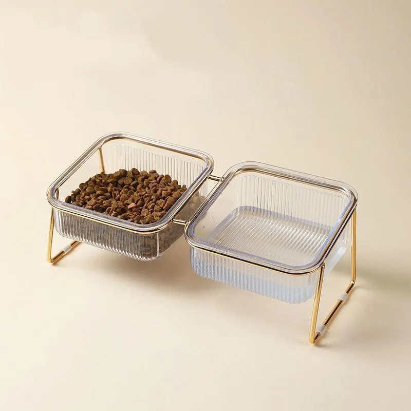 Elevated Double Pet Bowls for Dogs and Cats with Iron Stand, Anti-Skid & Tilted Design