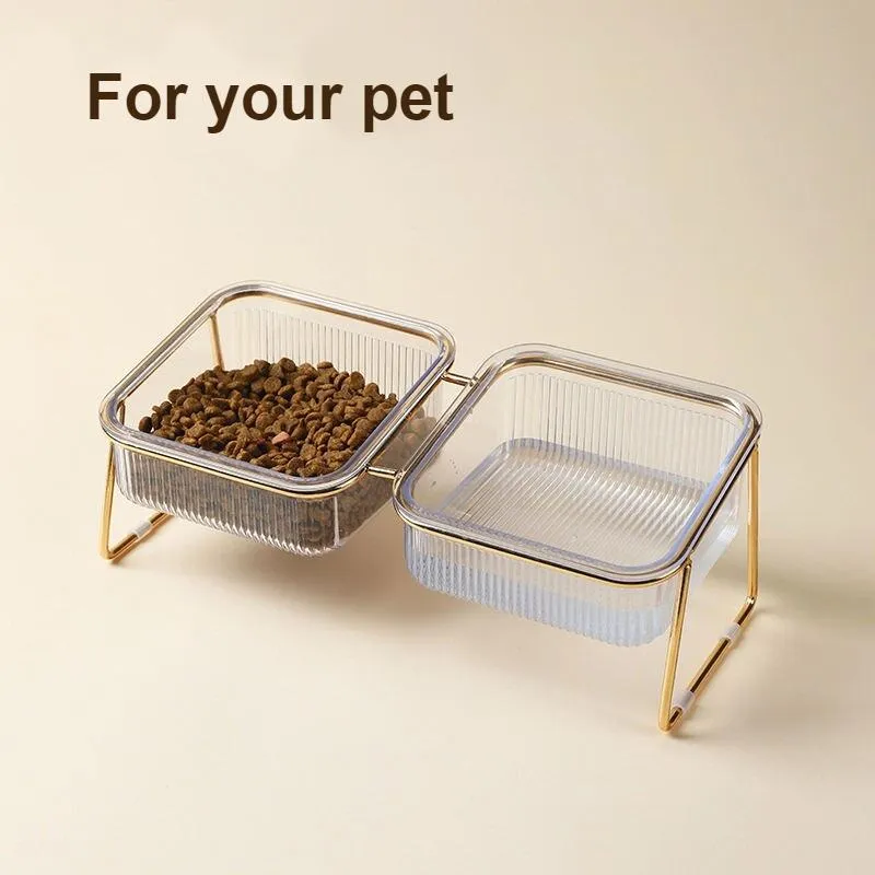 Elevated Double Pet Bowls for Dogs and Cats with Iron Stand, Anti-Skid & Tilted Design