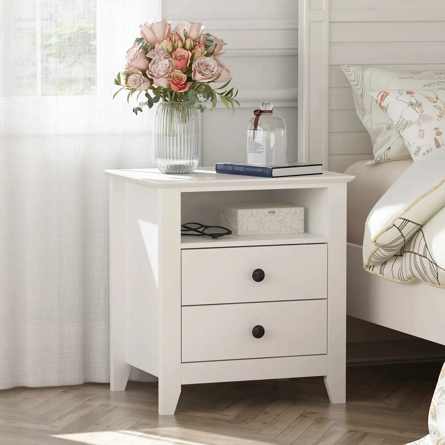 End Table Side Table with 2 Drawers & Shelf Bedside Table Nightstand with Wooden Legs