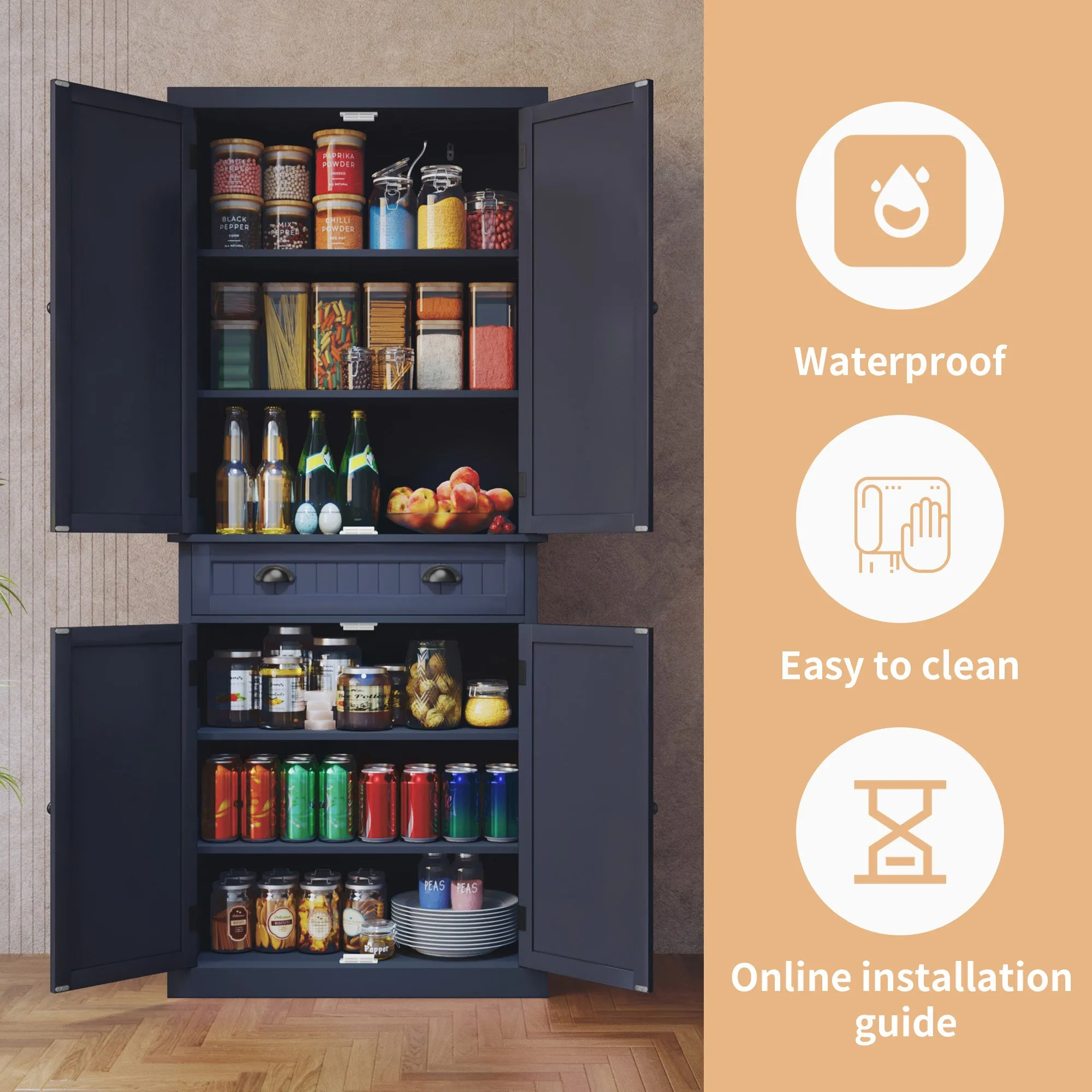 HLR Blue Versatile Kitchen Pantry Cabinet with Drawer & Adjustable Shelves, Storage for Kitchen, Bathroom & Hallway