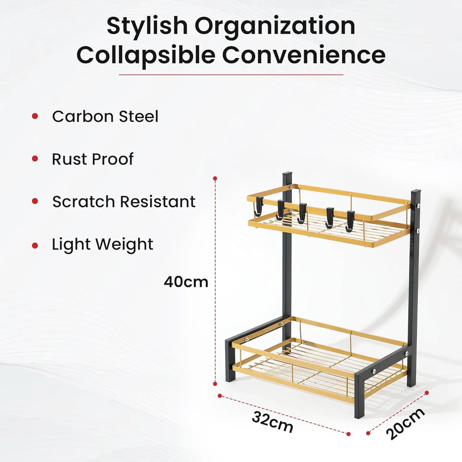 Kuber Industries 2-Layer Dish Drying Rack|Storage Rack for Kitchen Counter|Drainboard & Cutting Board Holder|Premium Utensils Basket Pack of 2 (Black & Gold)