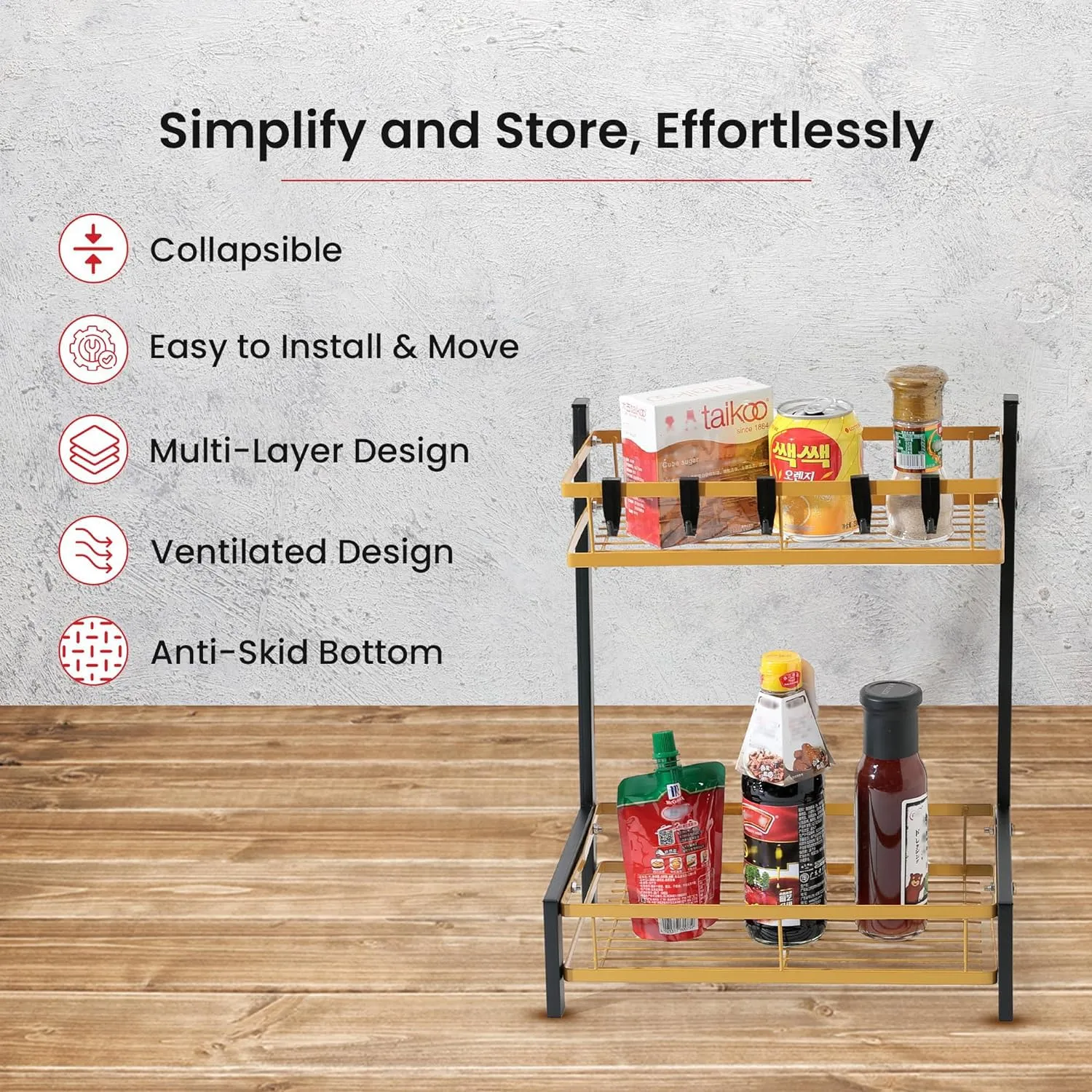 Kuber Industries 2-Layer Dish Drying Rack|Storage Rack for Kitchen Counter|Drainboard & Cutting Board Holder|Premium Utensils Basket Pack of 2 (Black & Gold)
