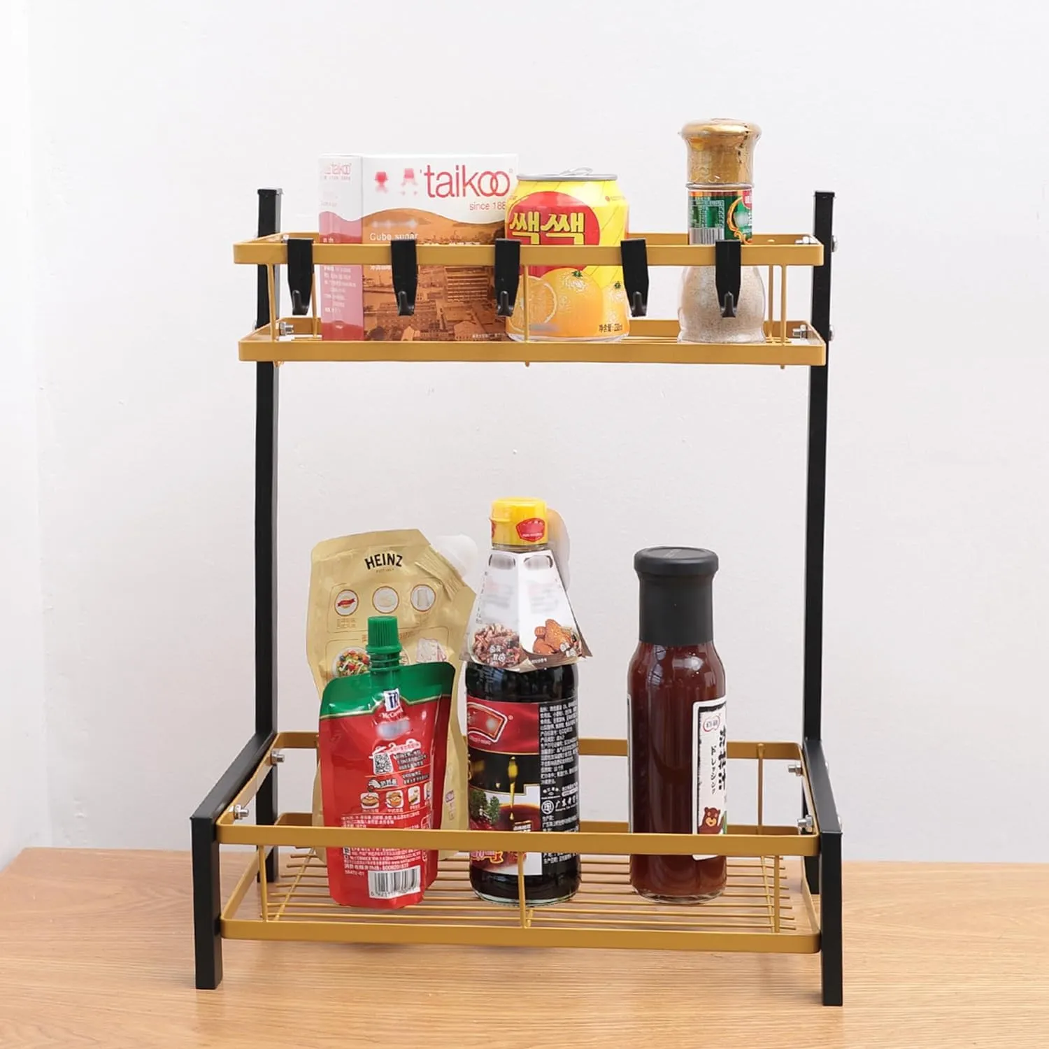 Kuber Industries 2-Layer Dish Drying Rack|Storage Rack for Kitchen Counter|Drainboard & Cutting Board Holder|Premium Utensils Basket Pack of 2 (Black & Gold)