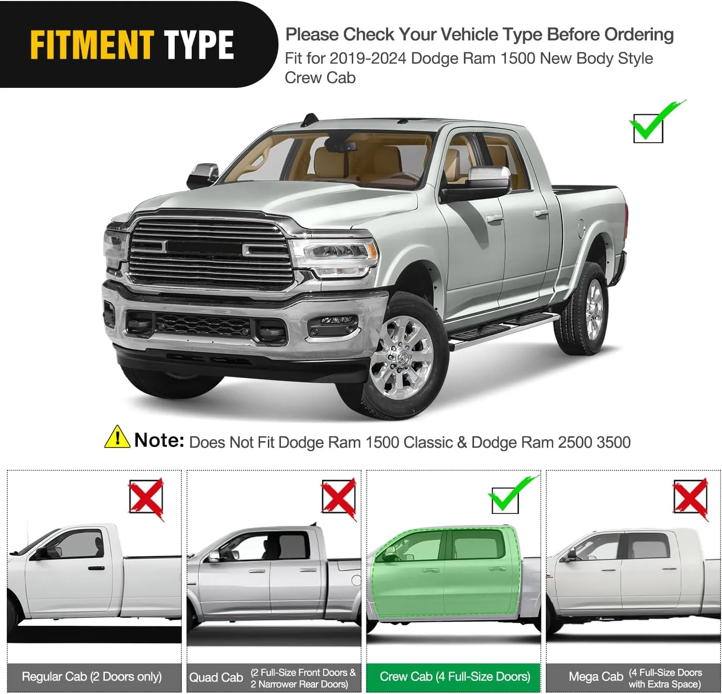 Nilight Running Boards Compatible with Dodge Ram 2019-2024 1500 New Body Style Crew Cab(Exclude 2019-2024 Classic) 6 Inch Side Step, 2 Years Warranty