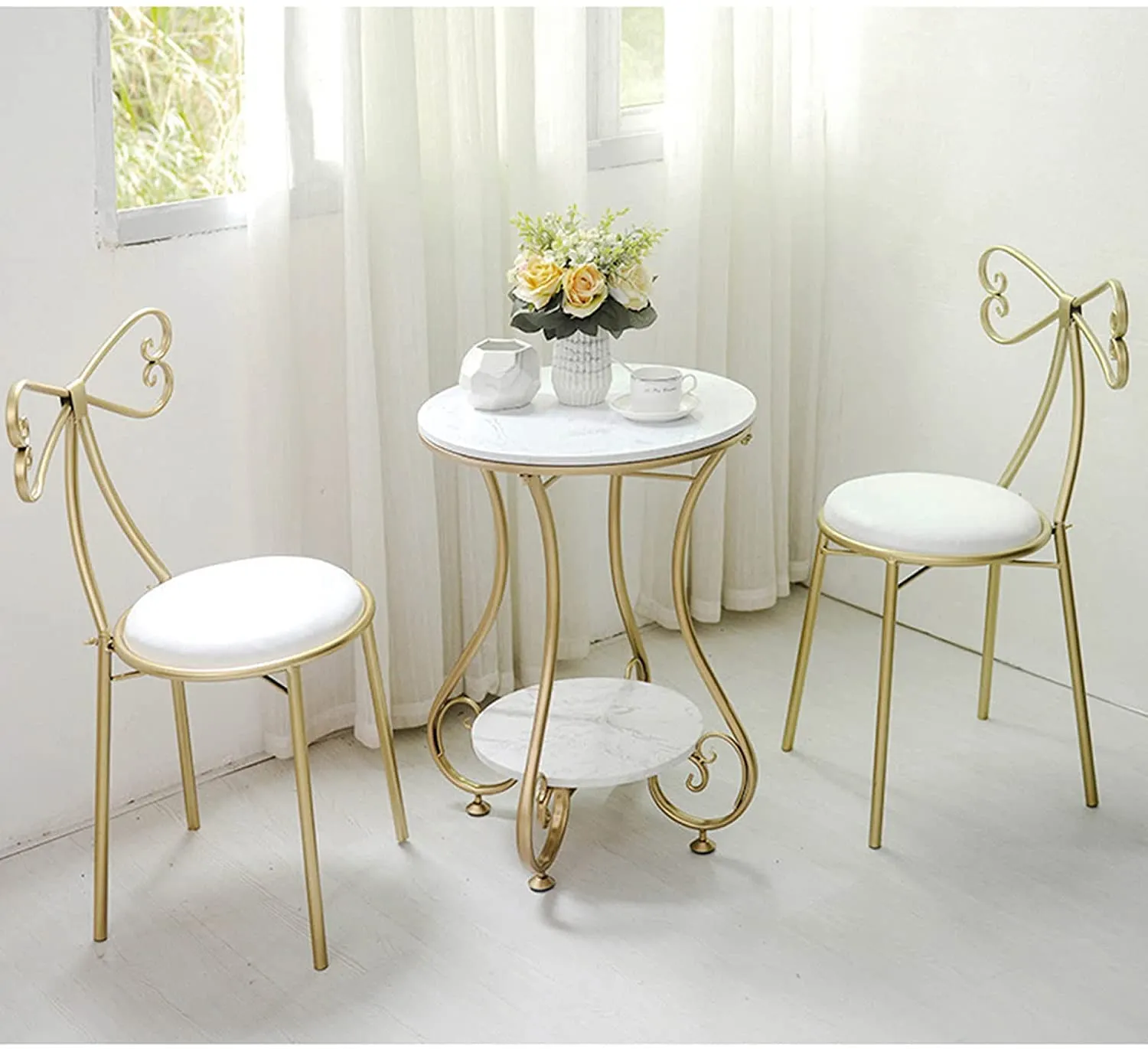 QEY RETI Wrought Iron Golden 2 Tier Round End Table Coffee Table Side Table Bedside Table Nightstand Side Corner for Living Room Bedroom Dining Room Kitchen Office| Golden Stool | Furniture