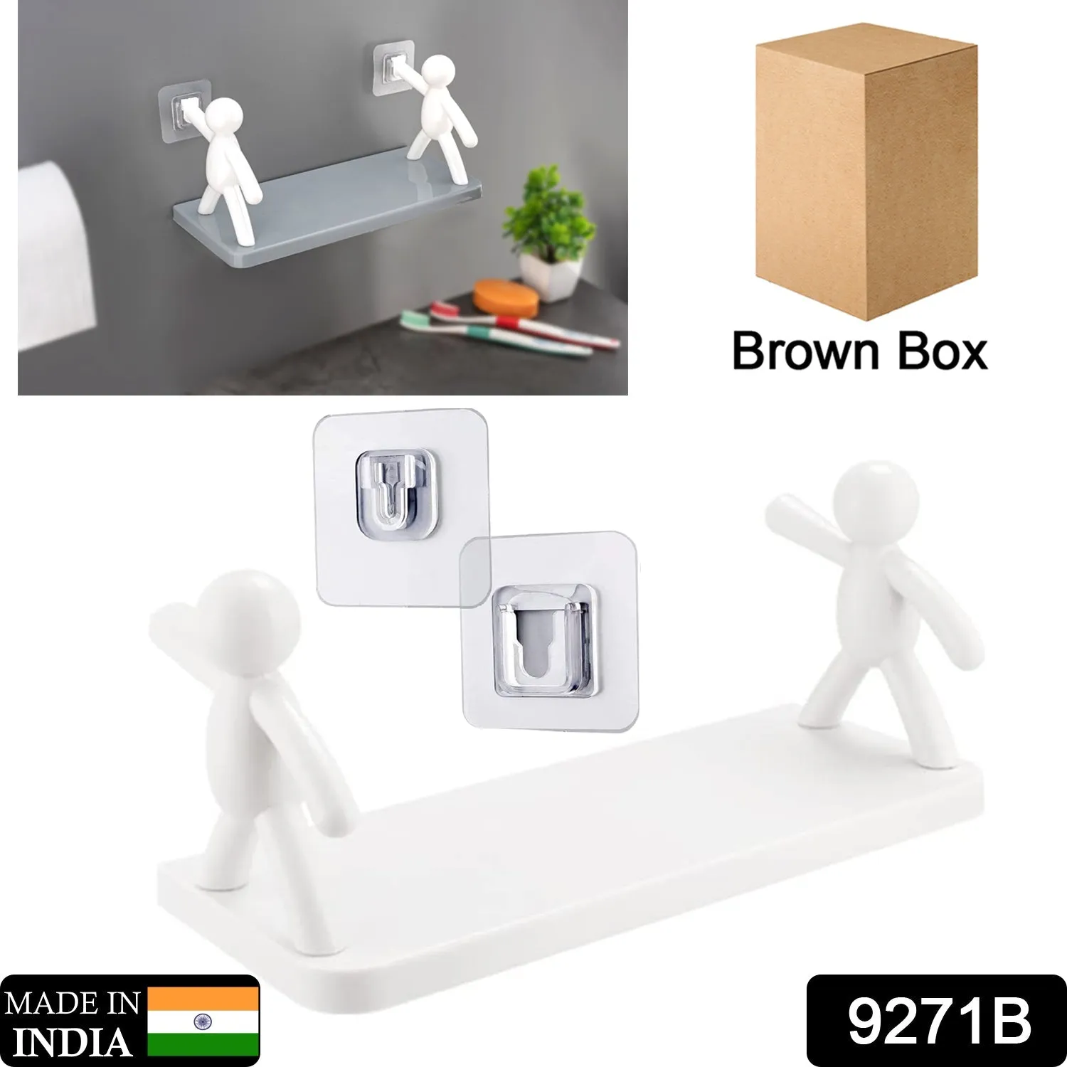 Self Adhesive cute Floating Shelves Wall Shelf | Wall Mounted Organizer - Human Figurine | Brown Box