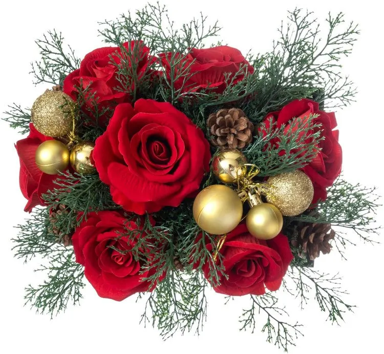 Tabletop Centerpiece Christmas Decoration, Artificial Red Rose Flowers, Cedar Picks, and Gold Tone Ornaments