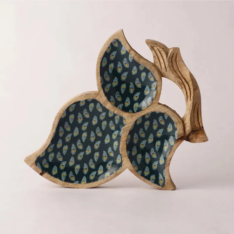 Teal Peacock Tri Leaf Wooden Serving Platter