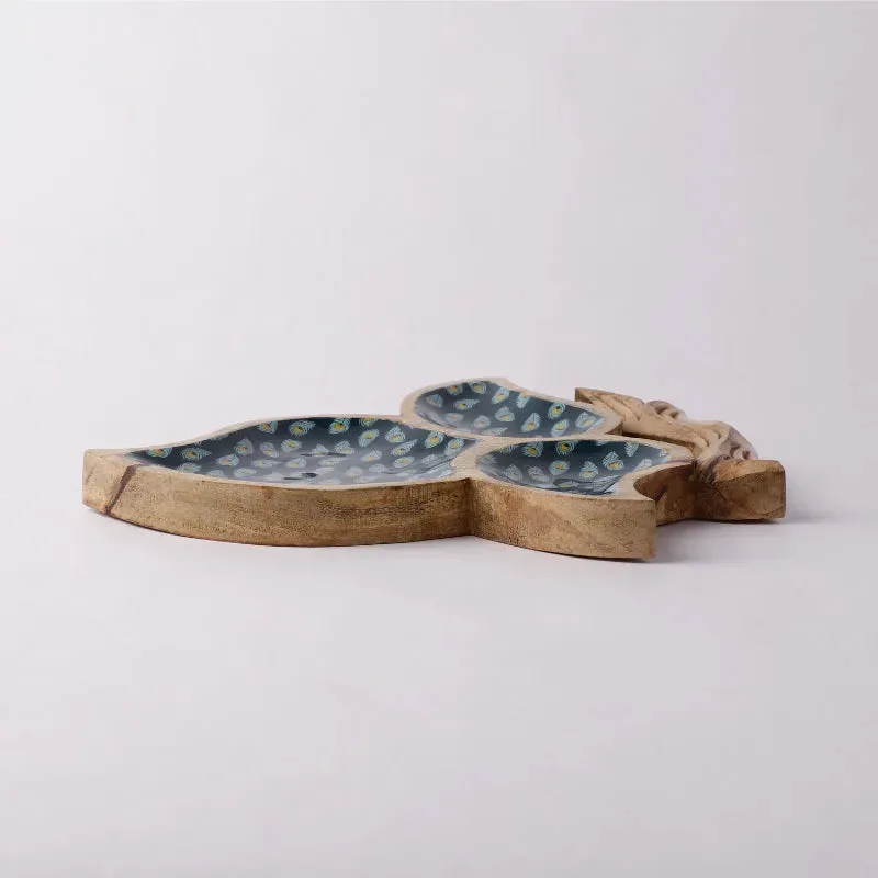 Teal Peacock Tri Leaf Wooden Serving Platter